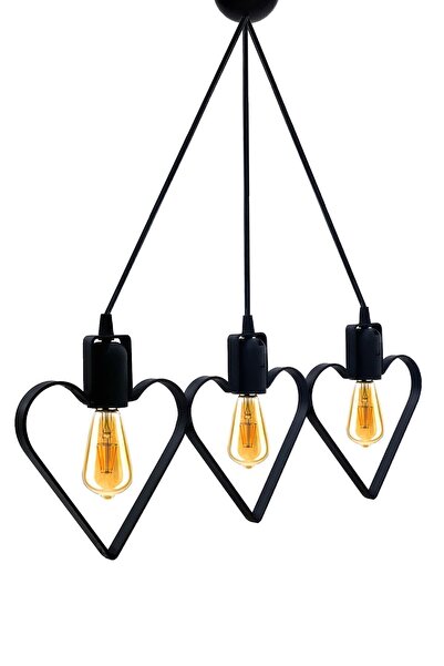 Bundeba Kalp 3 Lü Metal Sarkıt Avize Siyah Kalpli Rustik Ferforje Tavan Lambası