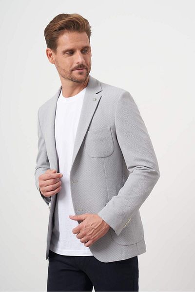 Morven Men's Gray Woven Seersucker Slim Fit Bag Pocket Mono Collar Sports Jacket