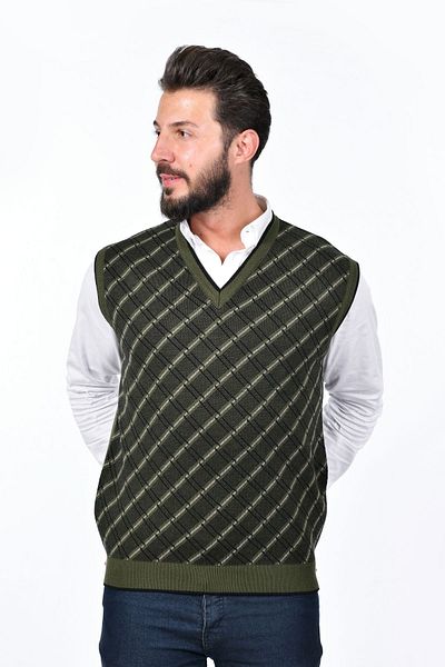 Kamalı Men's Khaki Sweater - Steel Knit Plaid Pattern, Thick Knitwear, V-Neck, Non-Pilling Regular Fit