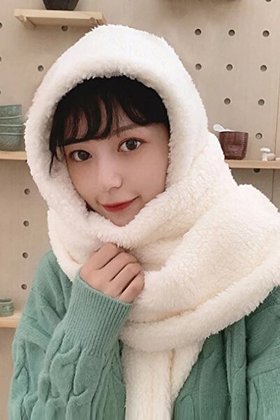 Bundeba Eșarfă albă cu glugă pentru femei, beretă de pluș, eșarfe pentru femei, fleece, guler, șal, pălărie rezistentă la vânt