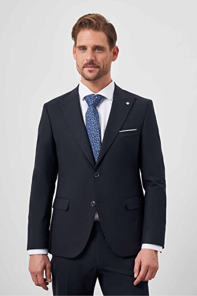 Morven Men's Navy Blue Wool Platinum Plain Pattern Slim Fit Pointed Collar Suit