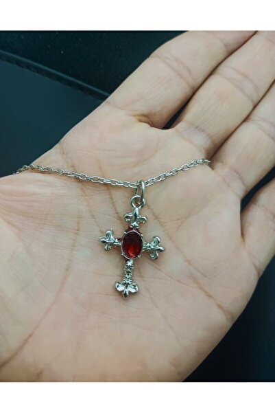 Herşey Nota Kırmızı Mineli Gotik Haç İşareti Kadın Kolye  Gümüş Kaplama