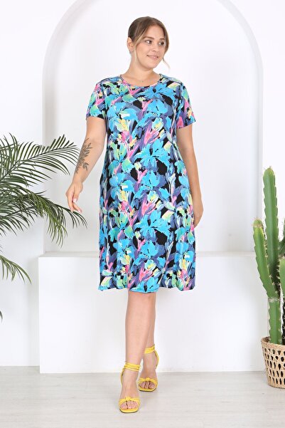 Madwilo Blue Floral Viscose Dress - Flexible and Watercolor Patterned Basic Cut