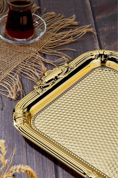 Cooker STAINLESS STEEL RECTANGLE 2-PIECE METAL TRAY SET-GOLD