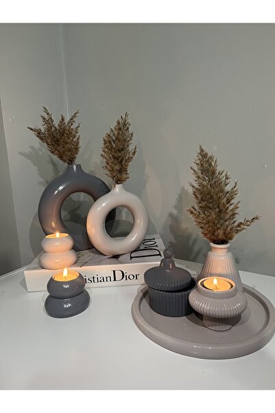 Home Sibel/ela Tasarım Dekoratif 2’li Halka Vazo 2’li Mumluk, Tepsili Set