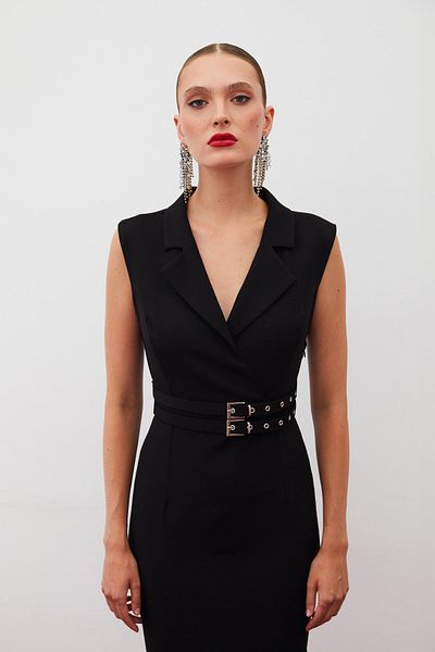 Sateen Rochie midi cu curea cu guler jachetă