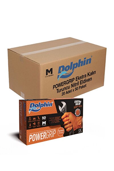 Dolphin Powergrip Ekstra Kalın Turuncu Nitril Eldiven (M) 50 Adet X 20 Paket (KOLİ)