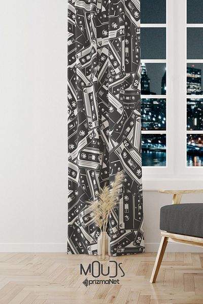 Moud's Suede Digital Printed Extra String - Black Cassette Pattern, Background Curtain, Young Room Single Wing