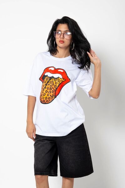 Bak Moda Unisex Premium Λευκό Oversize T-Shirt - Rolling Stones Leopard Printed