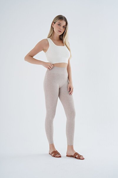 Trist Star Bej Saç Örgülü Fitilli Örme Pamuk Viscon Yün İçerikli Özel İplik Dikişsiz Triko Tayt TRIST-K-1975