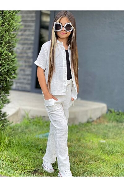 Calisa 3-Piece Muslin Linen Summer Shirt and Palazzo Pants Set for Girls