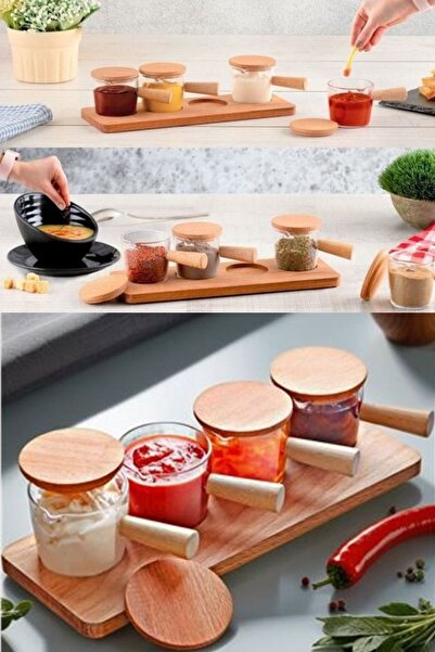 Ülgenev 4lü Kapaklı Mika Sosluk, Reçellik Ve Baharat Seti Ahşap Stantlı