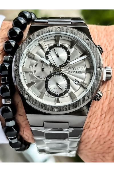 Ferrucci Men's Wristwatch Rosary Bracelet - Smoke Color, Steel Cord