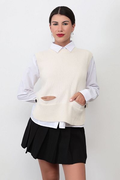 GİYSA Beige Women's Knitwear Sweater - Pocket Detail, Crew Neck, Ribbed Asymmetric Back - 2065