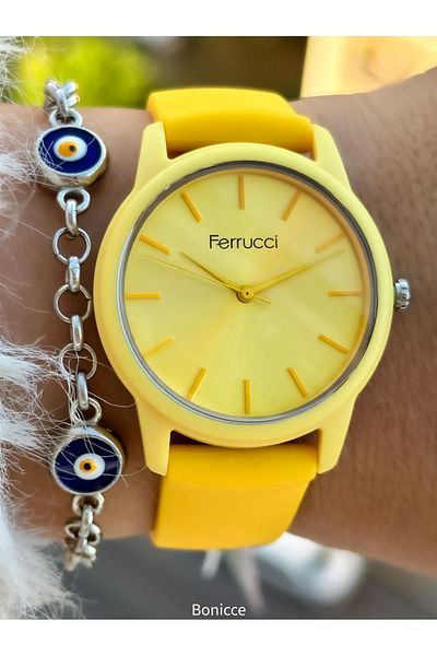 Ferrucci Yellow Colored Soft Silicone Cord Women's Wrist Watch and Evil Eye Beaded Bracelet