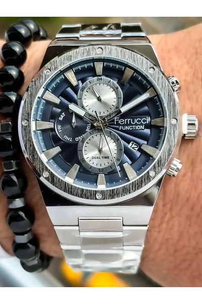 Ferrucci Men's Wristwatch and Rosary Bracelet - Silver Color, Steel Cord, Special Design