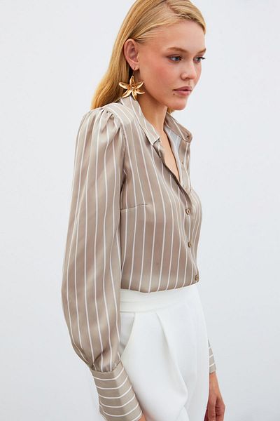 Sateen قميص مبطن مخطط - بيج