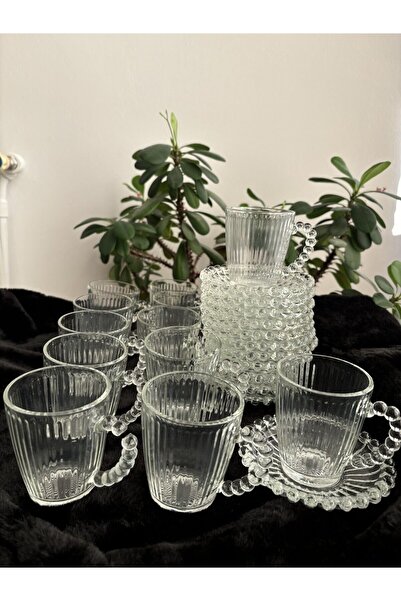 DİBA AVM 24 Piece Bead Model Tea Set - 12 Tea Plates and 12 Cups