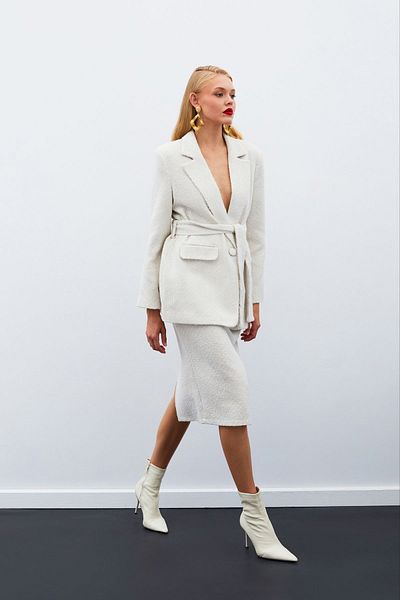 Sateen Fusta din Tweed Lungime Midi - STONE