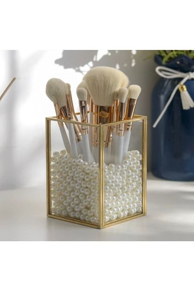 linabukett Custom Design Brass Cosmetic Storage Box - Gold Desktop, Lipstick Glass Jewelry