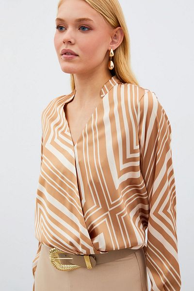 Sateen Double Breasted Patterned Blouse - Brown