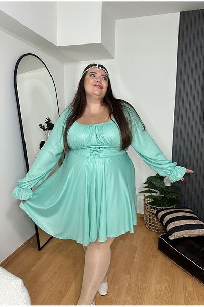Kendinisevbutik Rochie cu șireturi în talie, din satin, șifon, verde mentă, pentru ocazii speciale, rochie de nuntă de Anul Nou