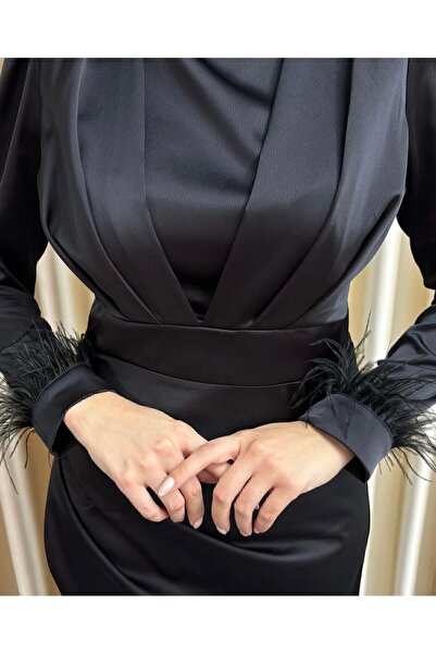 modasusev Σατέν χιτζάμπ βραδινό φόρεμα - με φουντωτά μανίκια και λεπτομέρεια τρένου