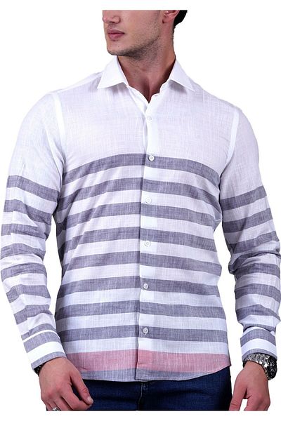 Exve Exclusive White with Gray Stripes and Red Finish Special Cut Cotton Linen Slim Fit Men's Shirt