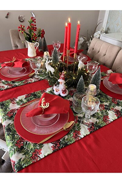 Ayd Home Green Red Floral Patterned Cocked Christmas Runner - 43X140 cm Rectangular