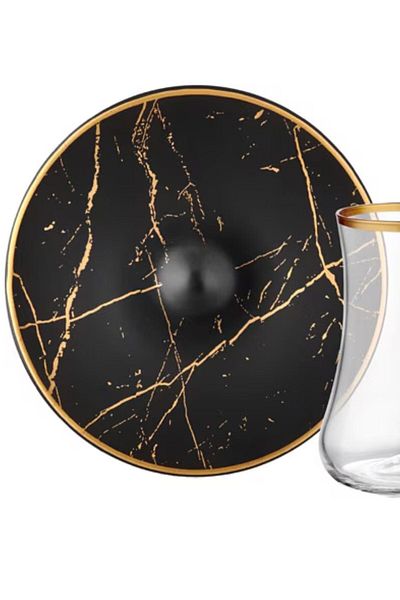 İkram Dünyası Black Marble Matte Tea Set - Coffee Cup and Saucer Set of 4