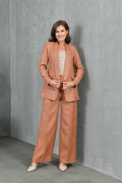 nodilife Smokin Ceketli 4 Düğmeli Salaş Pantolonlu Kadın Takım Elbise Taba