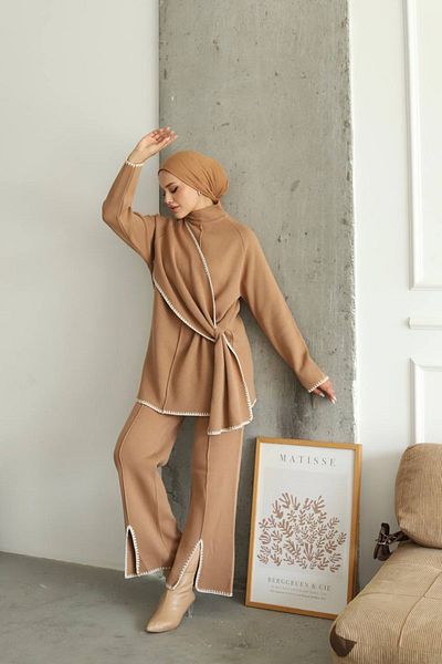 Neşeli Butik Camel Tunic and Trousers Women's Hijab Set - Nms017
