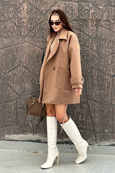 CurcunaShop Kadın Lüx Kalite Kol Detaylı Çift Cepli Astarlı Kaşe Kaban