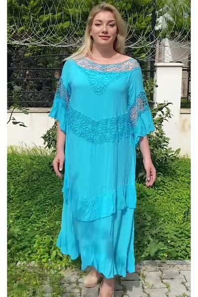 AKŞEN GİYİM Βαμβακερό φόρεμα Voile με λεπτομέρεια δαντέλας - Κατάλληλο για μέγεθος 40-42-44-46-48-50