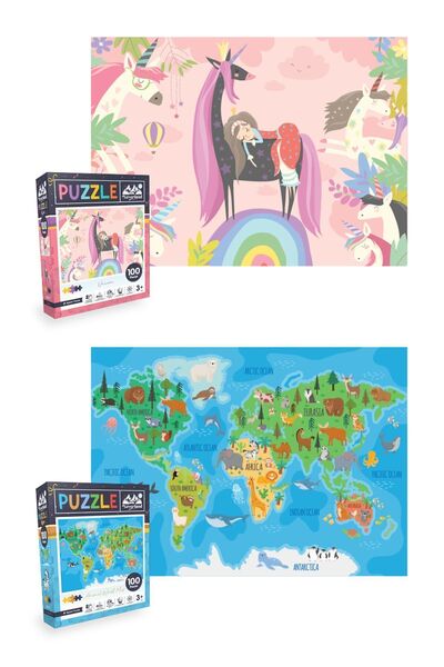Neverland 2'li Çocuk Yapboz - 100 Parça Unıcorn Ve Hayvan Dünya Haritası