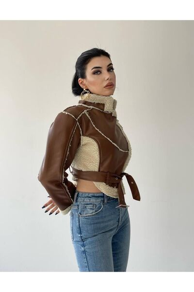 GİZONLY Дамско кожено палто - със странични джобове и косъм