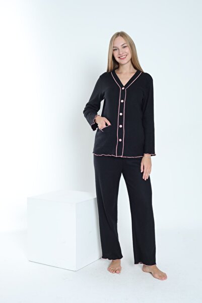 Miss Dünya Lissa Állítható derék és láb fodros részletes pizsama szett terhes és kismama számára - elülső gombokkal