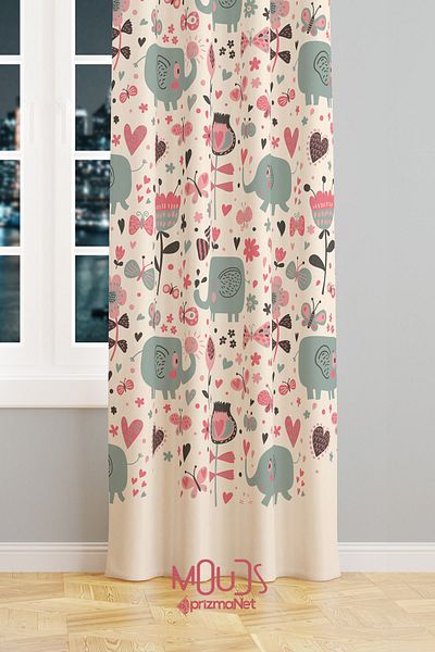 Moud's Background Curtain Children's and Baby's Room - Sweet Elephant Pattern, Suede Digital Printed Extra-Former Drawstring, Single Wing