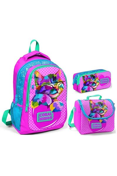 Yaygan Set de genți pentru școala primară Coral High Pink Cat Girl - Rucsac + nutriție + suport stilou