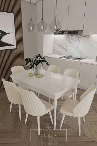 DEREN HOME Mabel Serisi, 80x132 Mutfak Ve Salon Yemek Masası Takımı 6 Adet Krem Sandalye