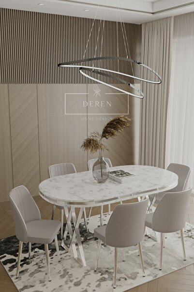 DEREN HOME Lam Serisi Mdf Lak Masa 90x168 Gümüş Metal Ayak 6 Adet Açık Gri Ba...
