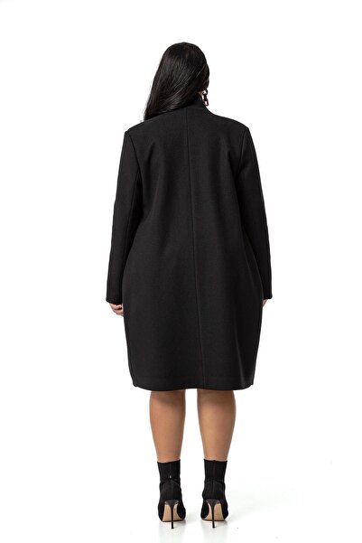 DISENTIS MODEST Black Button Detailed Large Size Lined Cashmere Coat