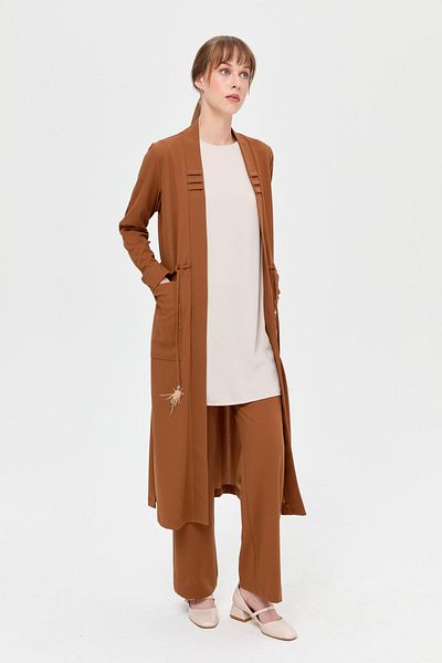 Esswaap Tan Colored Crepe Fabric Triple Piping Detailed Set