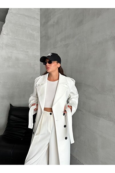 Laluvia Λευκό παλτό επωμίδας με ζώνη - 44188