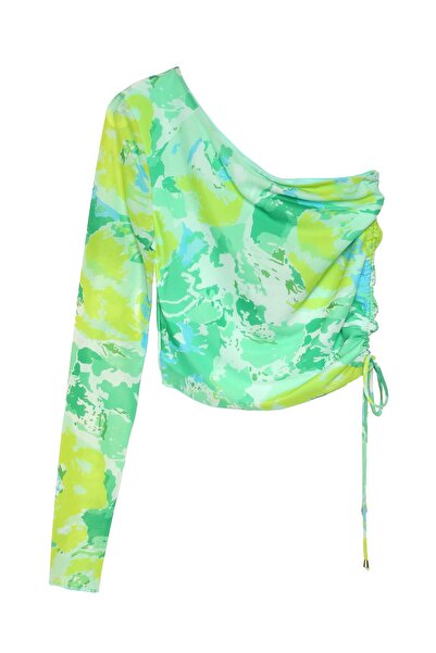 Quzu Μπλούζα από τούλι με έναν ώμο με μοτίβο μέντας