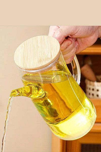 GİLLİ STORE 1000 ml Borasilicate Glass Oil Bottle - with Bamboo Lid