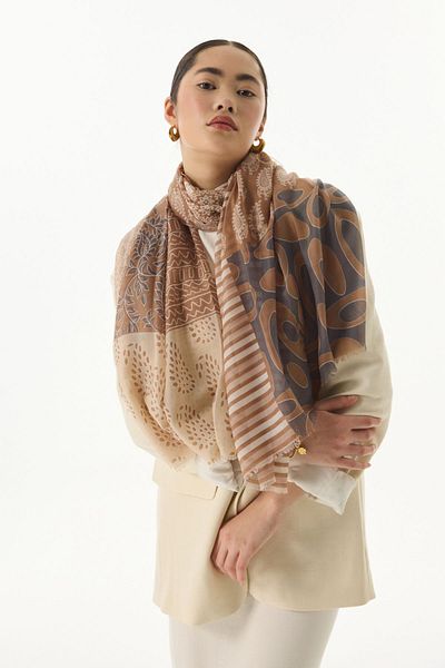 FENZA SCARF Μπεζ βαμβακερό έθνικ λουλουδάτο σάλι Adalie
