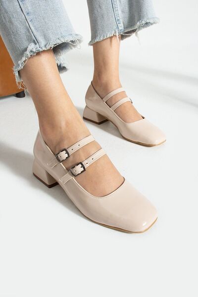 Papuckurdu Γυναικεία Mary Jane Beige λουστρίνι με κλειστή πλάτη με διπλό λουρ...