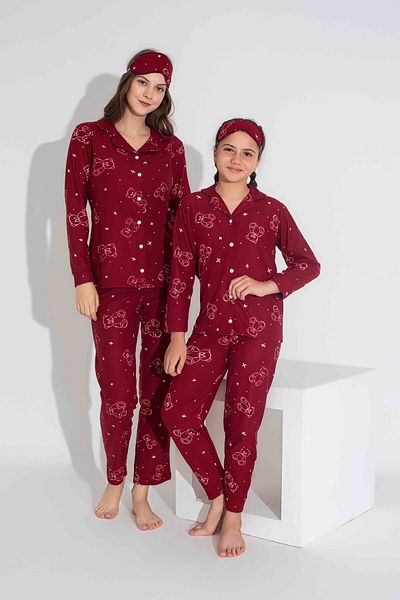 Tarık Set de pijamale de iarnă pentru femei, cu model de ursuleț de pluș, cu nasturi în față, combinație de piele de căprioară, catifea