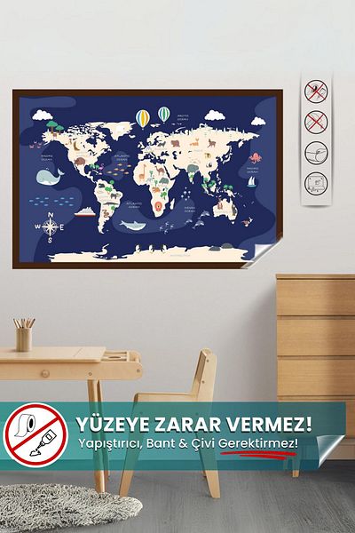 Pi Papers Animal World Map - Children's Room Sticker, Magic Paper Map That Does Not Hurt the Surface